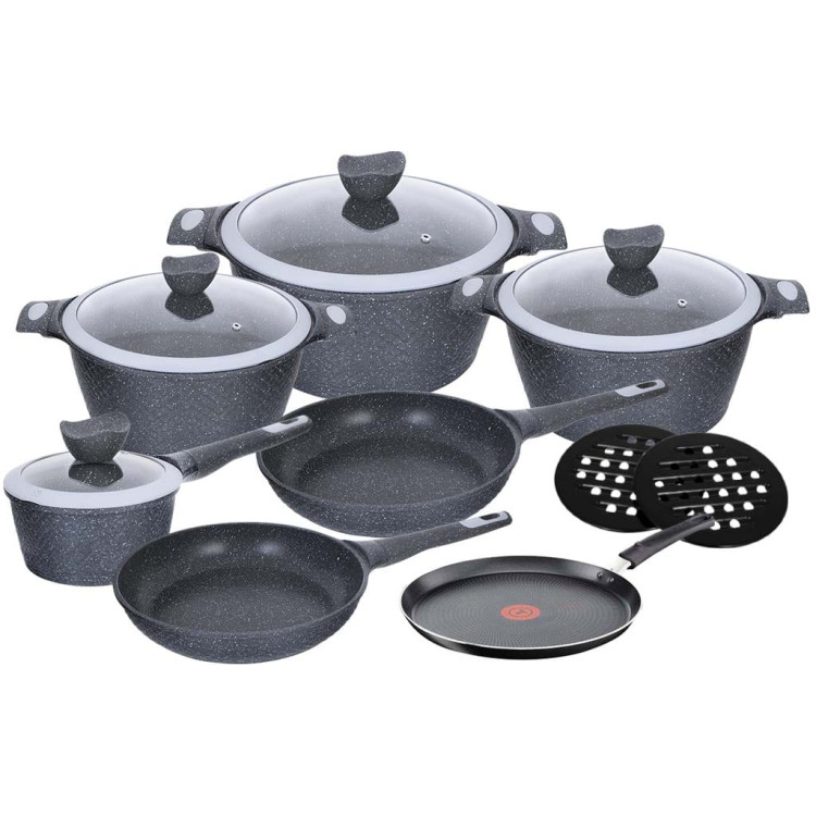 Garnki granitowe na indukcję GierCook w zestawie z patelniami i patelnią do naleśników Tefal