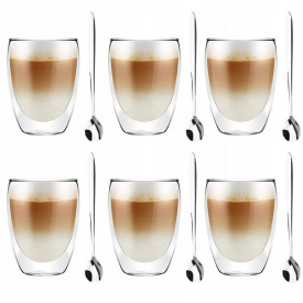 Szklanki termiczne do kawy 250 ml latte zestaw z łyżeczkami 6 sztuk
