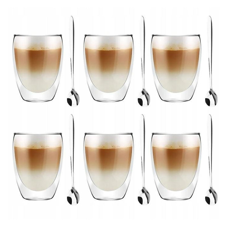 Szklanki termiczne do kawy 250 ml latte zestaw z łyżeczkami 6 sztuk