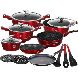 Garnki marmurowe na indukcję GierekHoff GH 1501  patelnia Tefal zestaw 16 elementów Czerwone