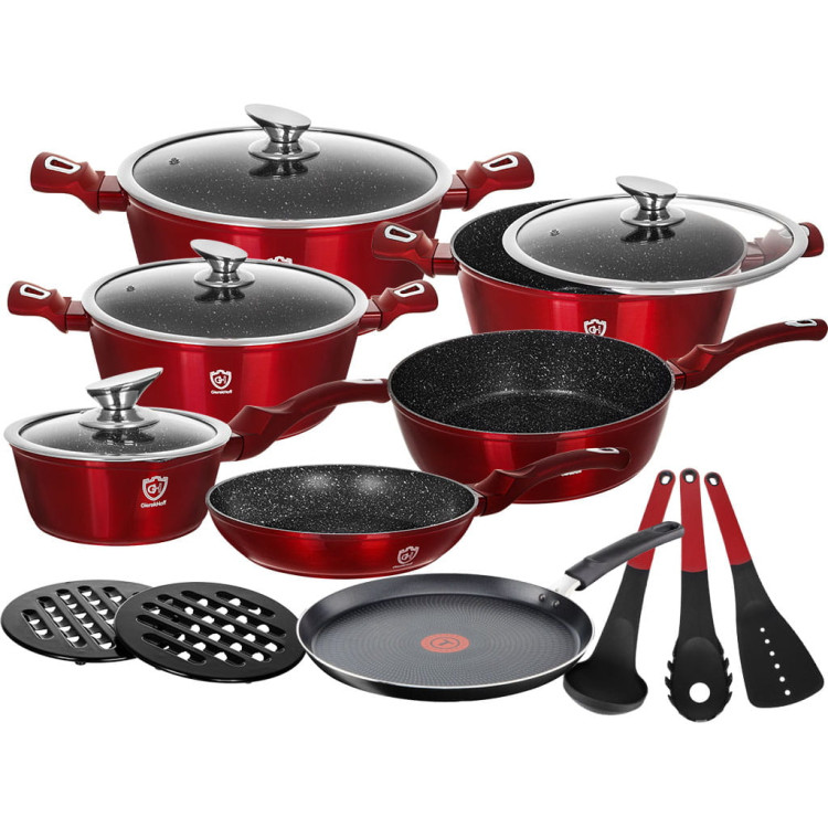 Garnki marmurowe na indukcję GierekHoff GH 1501  patelnia Tefal zestaw 16 elementów Czerwone 