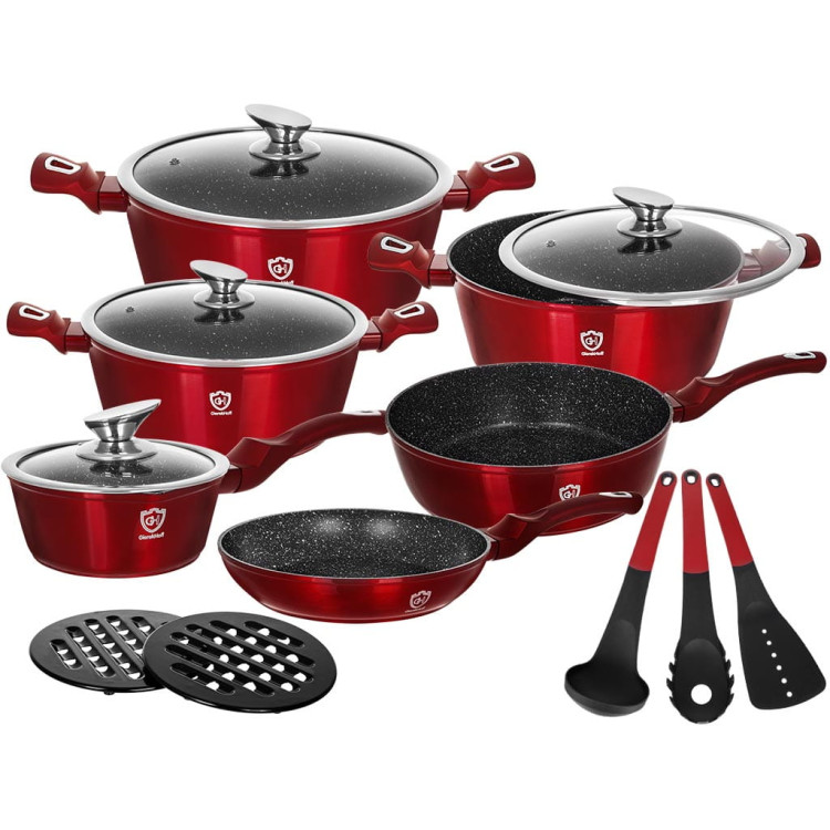 Garnki marmurowe na indukcję GierekHoff GH 1501  patelnia Tefal zestaw 16 elementów Czerwone  Garnki marmurowe na indukcję GierekHoff GH 1501  patelnia Tefal zestaw 16 elementów Czerwone