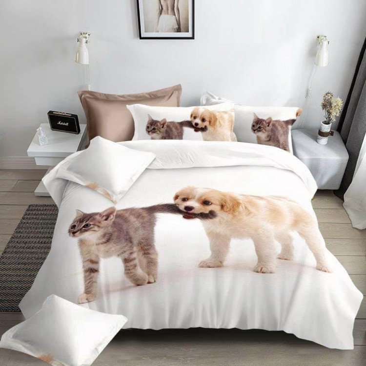 Pościel 160x200 bawełna satynowa 3D Cotton World gruba 3 części 1264 piesek i kotek Pościel 160x200 bawełna satynowa 3D Cotton World gruba 3 części 1264 piesek i kotek