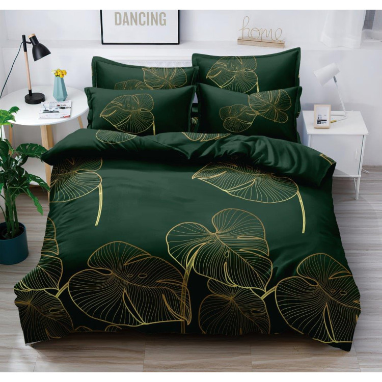 Pościel 160x200 bawełna satynowa 3D Cotton World gruba z prześcieradłem 4 części 2226 złote liście monstery