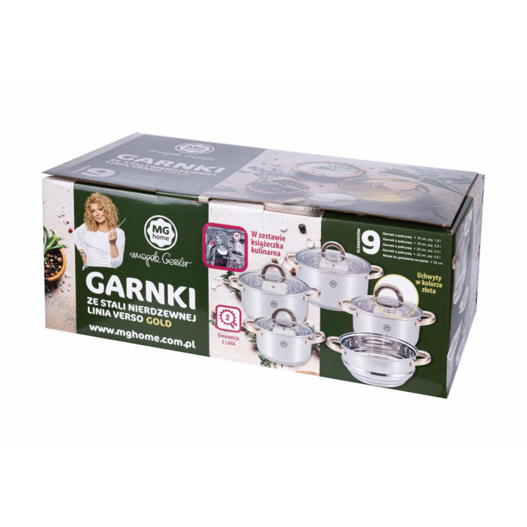 Garnki stalowe MG Home Verso Gold zestaw 4 garnków i parowar na indukcję Garnki stalowe MG Home Verso Gold zestaw 4 garnków i parowar na indukcję