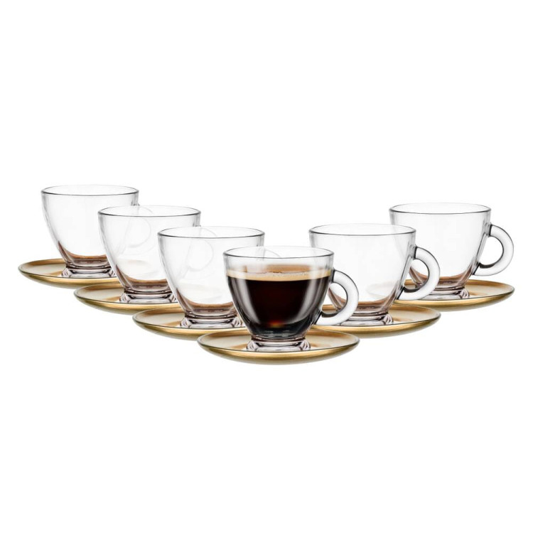 Serwis kawowy szklany na 6 osób Glasmark Roma zestaw 6 filiżanek ze złotymi spodkami Serwis kawowy szklany na 6 osób Glasmark Roma zestaw 6 filiżanek ze złotymi spodkami