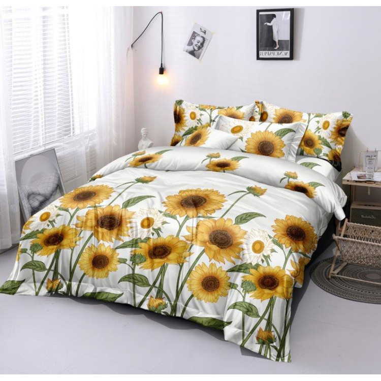 Pościel 200x220 bawełna satynowa 3D Cotton World gruba 3 części 2335 słoneczniki