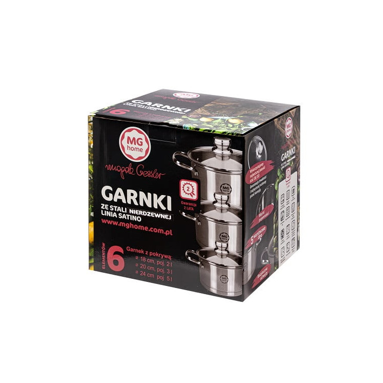 Garnki ze stali nierdzewnej 18/20/24 cm zestaw garnków 6 elem MG HOME STILO Garnki ze stali nierdzewnej 18/20/24 cm zestaw garnków 6 elem MG HOME STILO
