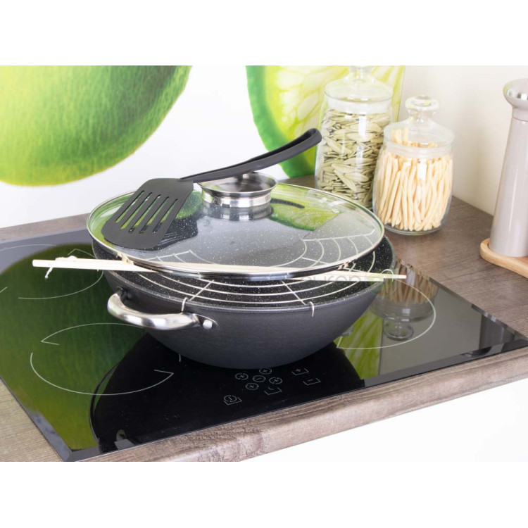 Patelnia z pokrywką wok żeliwny 32cm z pałeczkami KM 4807MR Kamille Patelnia z pokrywką wok żeliwny 32cm z pałeczkami KM 4807MR Kamille