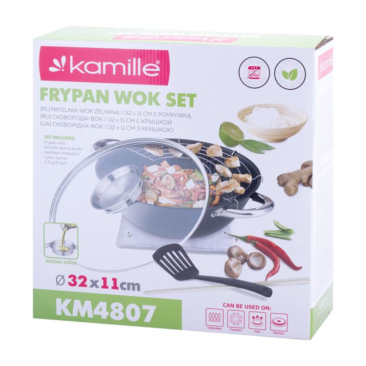 Patelnia z pokrywką wok żeliwny 32cm z pałeczkami KM 4807MR Kamille Patelnia z pokrywką wok żeliwny 32cm z pałeczkami KM 4807MR Kamille