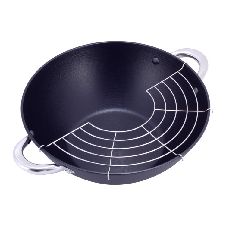 Patelnia z pokrywką wok żeliwny 32cm z pałeczkami KM 4807MR Kamille Patelnia z pokrywką wok żeliwny 32cm z pałeczkami KM 4807MR Kamille