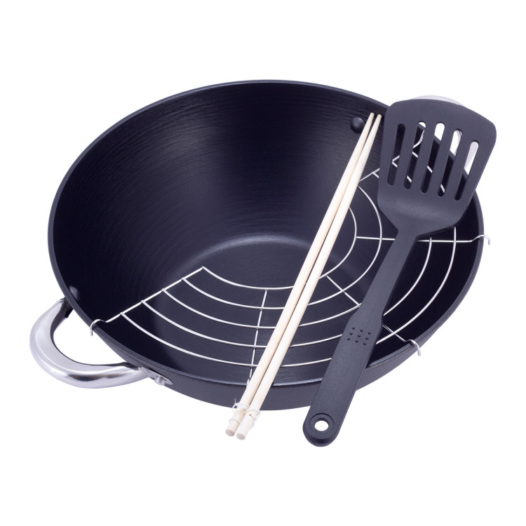 Patelnia z pokrywką wok żeliwny 32cm z pałeczkami KM 4807MR Kamille Patelnia z pokrywką wok żeliwny 32cm z pałeczkami KM 4807MR Kamille