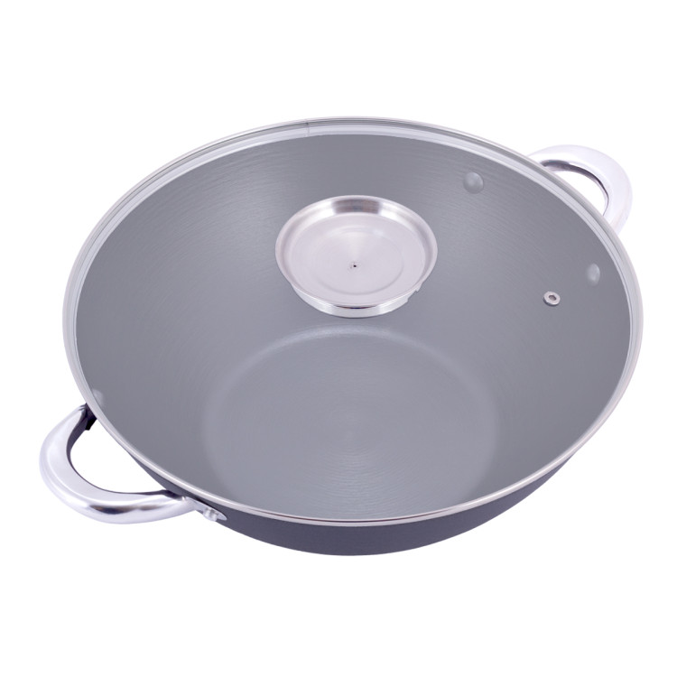 Patelnia z pokrywką wok żeliwny 32cm z pałeczkami KM 4807MR Kamille Patelnia z pokrywką wok żeliwny 32cm z pałeczkami KM 4807MR Kamille
