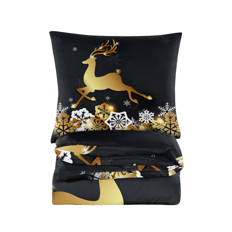 Pościel świąteczna 200x220 bawełna satynowa 3D Cotton World gruba 3 części 2393 złoty renifer