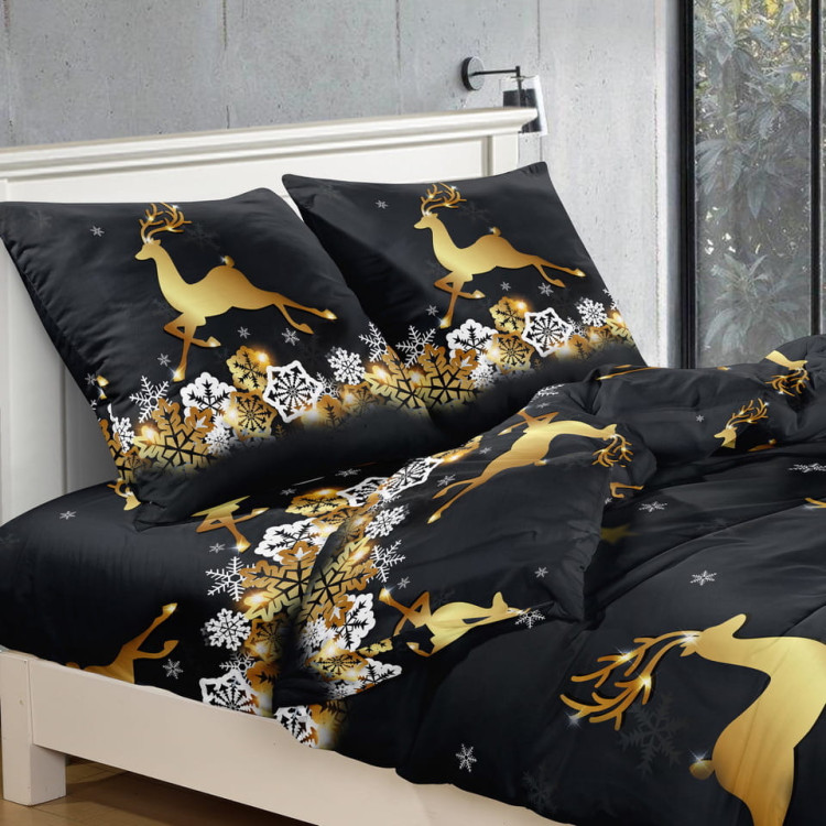 Pościel świąteczna 200x220 bawełna satynowa 3D Cotton World gruba 3 części 2393 złoty renifer