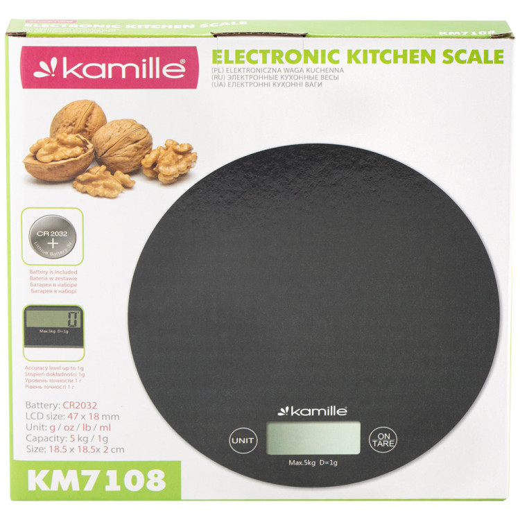 Waga kuchenna elektroniczna okrągła szklana z wyświetlaczem LCD KM 7108 Kamille Waga kuchenna elektroniczna okrągła szklana z wyświetlaczem LCD KM 7108 Kamille