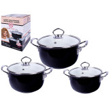 Garnki emaliowane MG Home Rustico na gaz i indukcję 2.4/3.0/4.0 l czarne zestaw 3 garnków