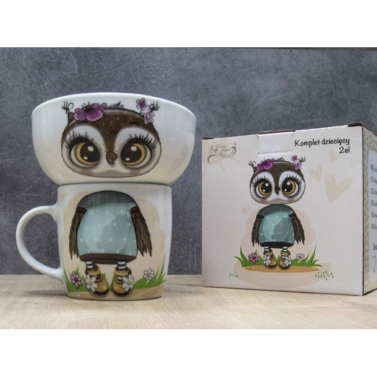 Porcelana obiadowa dziecięca kubek salaterka 2 EL wzór sowa komplet Porcelana obiadowa dziecięca kubek salaterka 2 EL wzór sowa komplet