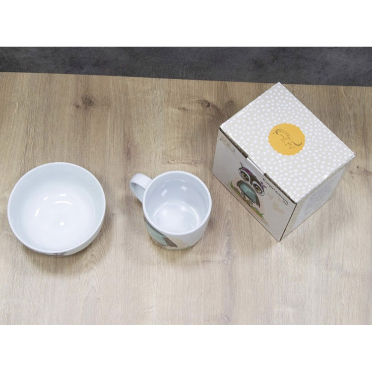 Porcelana obiadowa dziecięca kubek salaterka 2 EL wzór sowa komplet Porcelana obiadowa dziecięca kubek salaterka 2 EL wzór sowa komplet