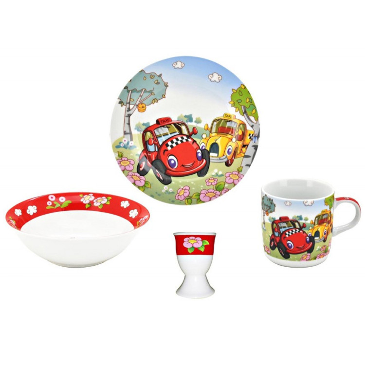 Porcelana obiadowa dziecięca kubek salaterka 4 EL wzór autka komplet