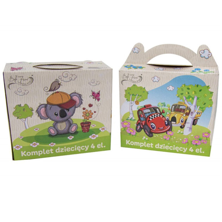 Porcelana obiadowa dziecięca kubek salaterka 4 EL wzór autka komplet