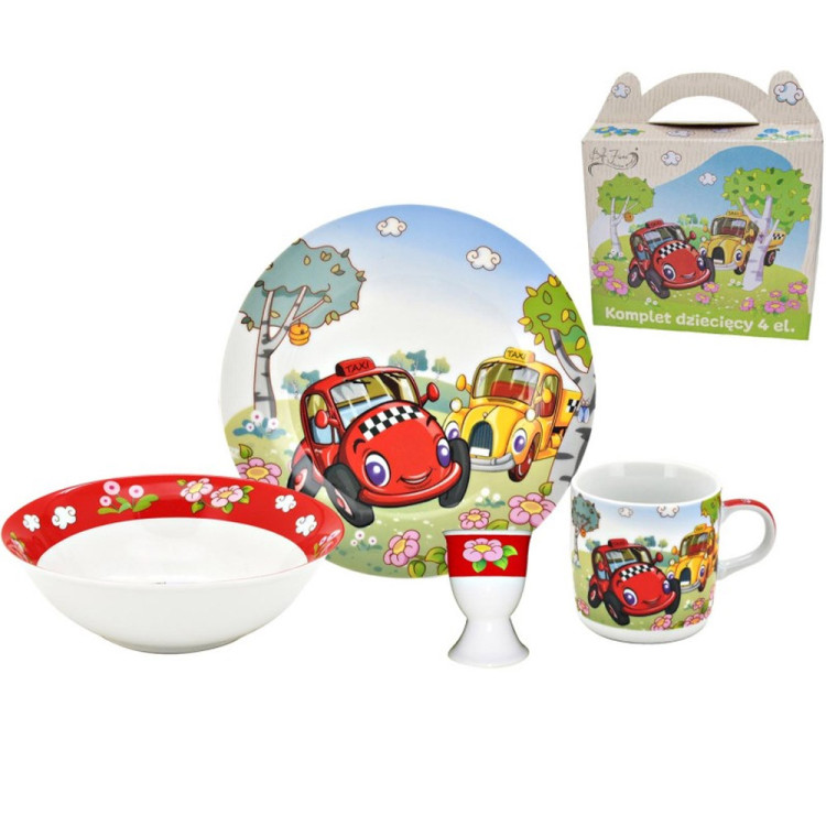 Porcelana obiadowa dziecięca kubek salaterka 4 EL wzór autka komplet