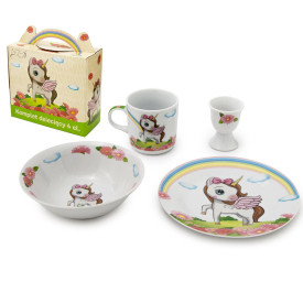 Porcelana obiadowa dziecięca kubek salaterka 4 EL wzór jednorożec komplet