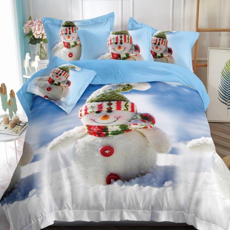 Pościel świąteczna 160x200 bawełna satynowa 3D Cotton World gruba 4 części z prześcieradłem 1450 zimowy bałwanek