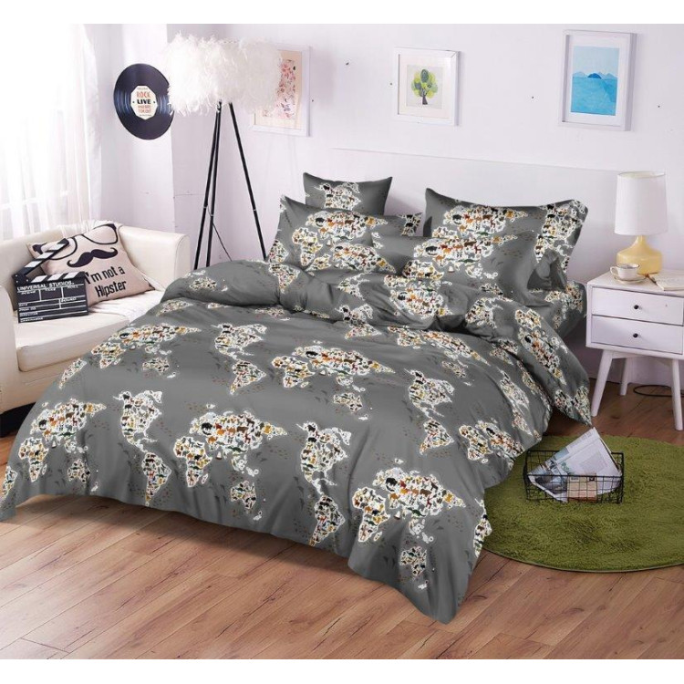 Pościel 160x200 bawełna satynowa 3D Cotton World gruba 3 części 2315 mapa świata