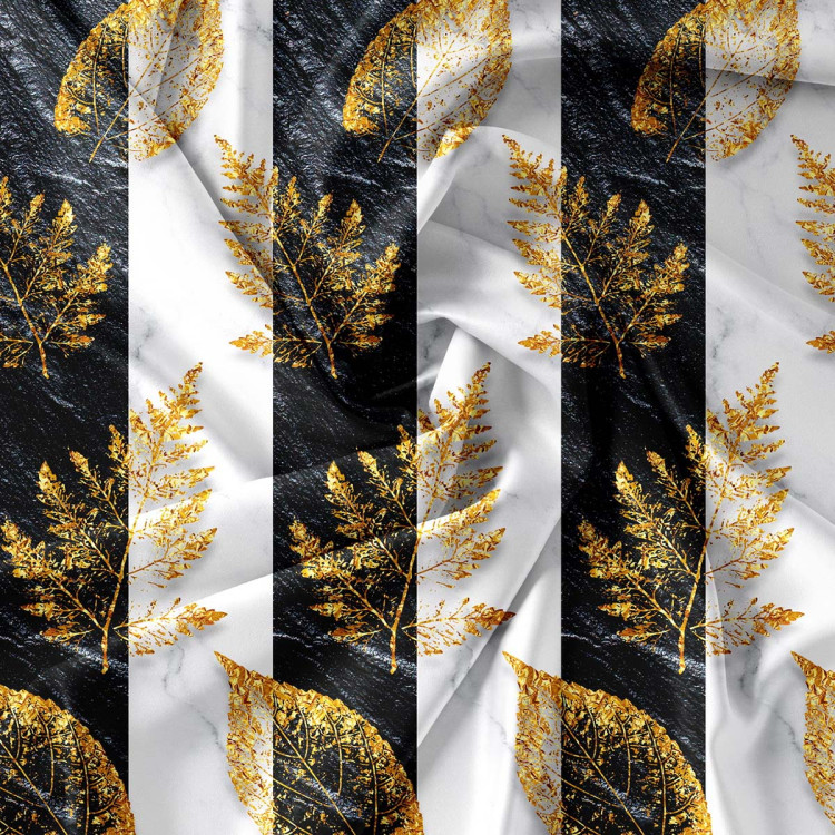 Pościel 140x200 bawełna satynowa 3D Cotton World gruba 2 części 2423 złote liście na biało-czarnych pasach