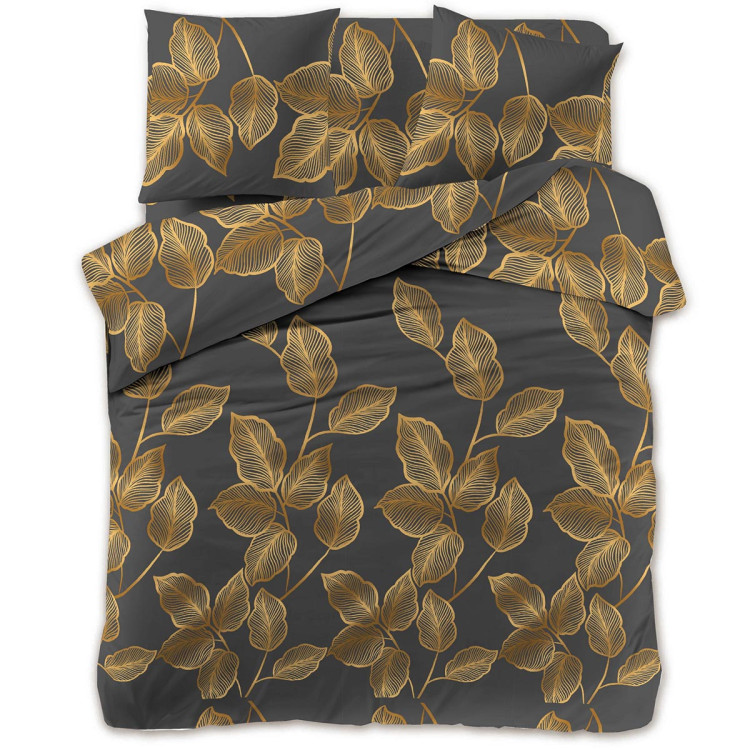 Pościel 160x200 bawełna satynowa 3D Cotton World gruba 3 części 2418 złote liście na szarym tle