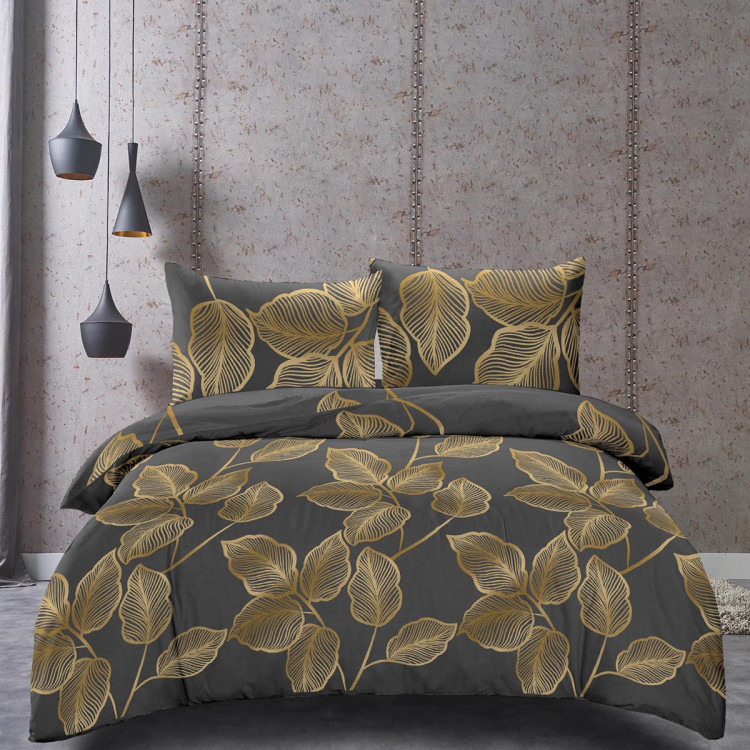 Pościel 160x200 bawełna satynowa 3D Cotton World gruba 3 części 2418 złote liście na szarym tle