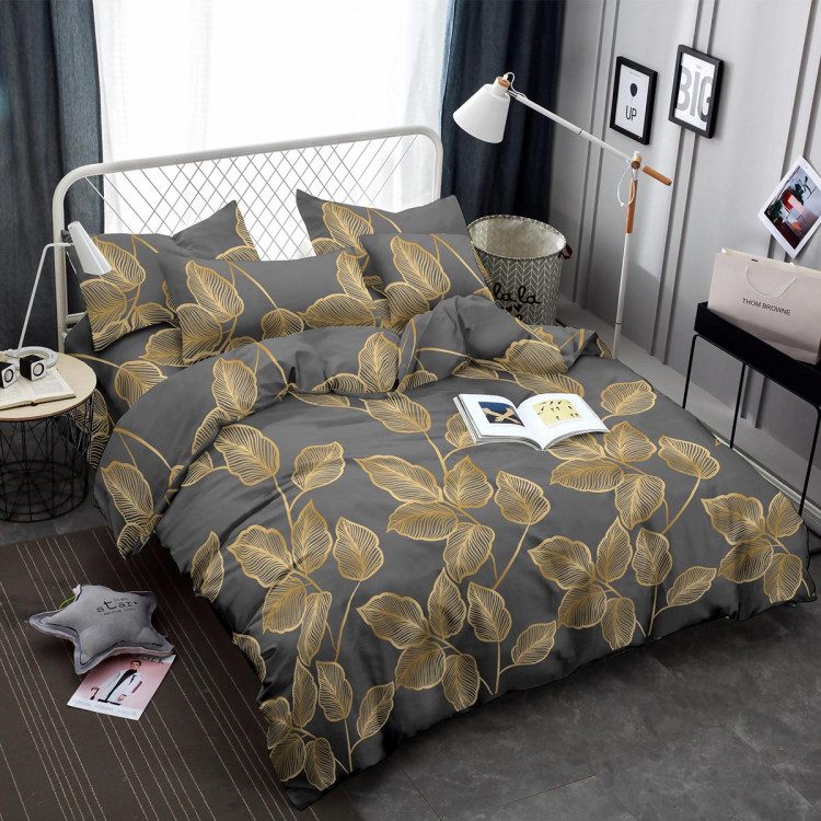 Pościel 160x200 bawełna satynowa 3D Cotton World gruba 3 części 2418 złote liście na szarym tle