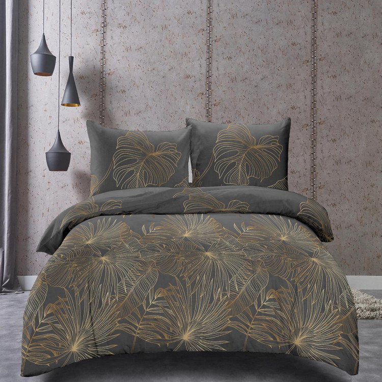 Pościel 160x200 bawełna satynowa 3D Cotton World gruba 3 części 2419 złote liście monstery na szarym tle