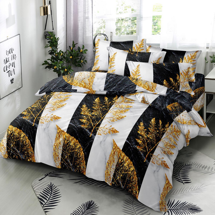 Pościel 160x200 bawełna satynowa 3D Cotton World gruba 3 części 2423 złote liście na czarno-białych pasach
