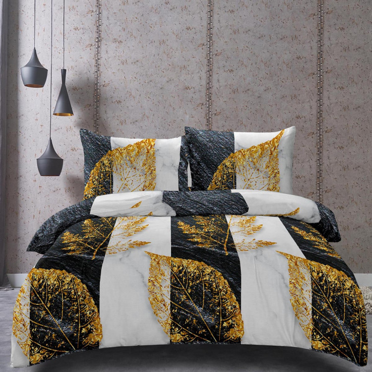 Pościel 160x200 bawełna satynowa 3D Cotton World gruba 3 części 2423 złote liście na czarno-białych pasach