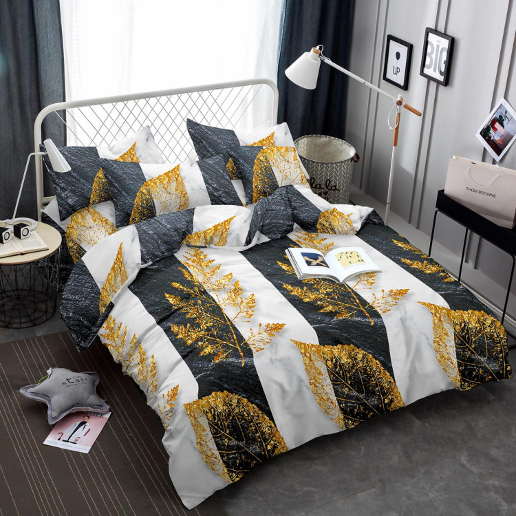 Pościel 160x200 bawełna satynowa 3D Cotton World gruba 3 części 2423 złote liście na czarno-białych pasach