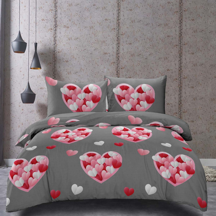Pościel 160x200 na walentynki bawełna satynowa 3D Cotton World gruba 3 części 2442 serca na szarym tle