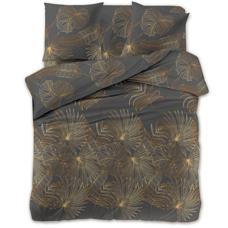 Pościel 200x220 bawełna satynowa 3D Cotton World gruba 3 części 2419 złote liście monstery na szarym tle