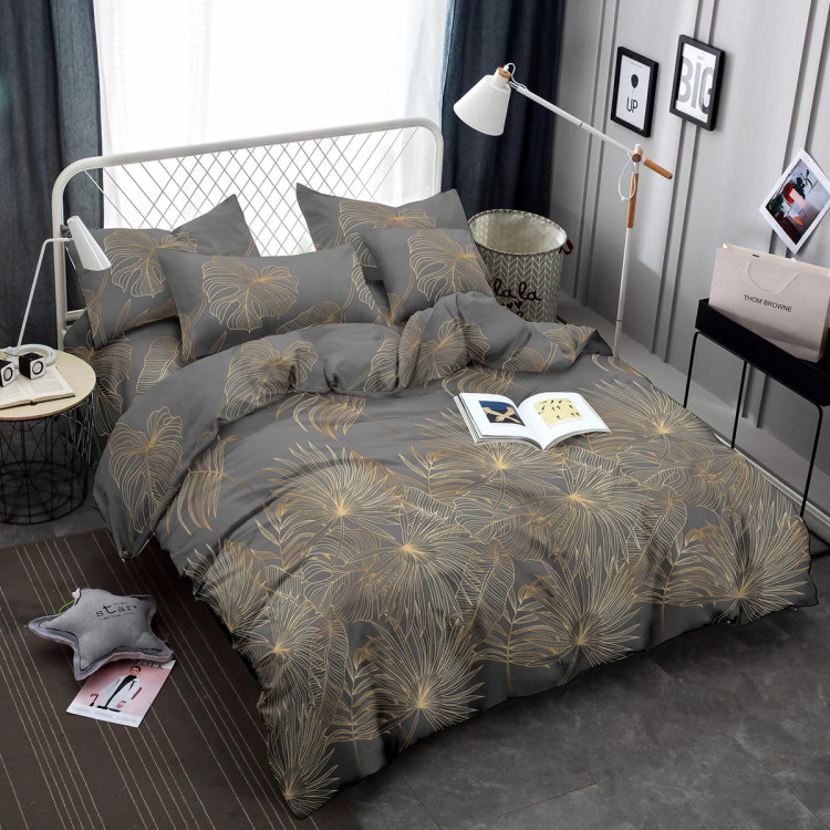 Pościel 200x220 bawełna satynowa 3D Cotton World gruba 3 części 2419 złote liście monstery na szarym tle