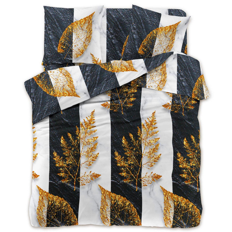 Pościel 200x220 bawełna satynowa 3D Cotton World gruba 3 części 2423 złote liście na czarno-białych pasach