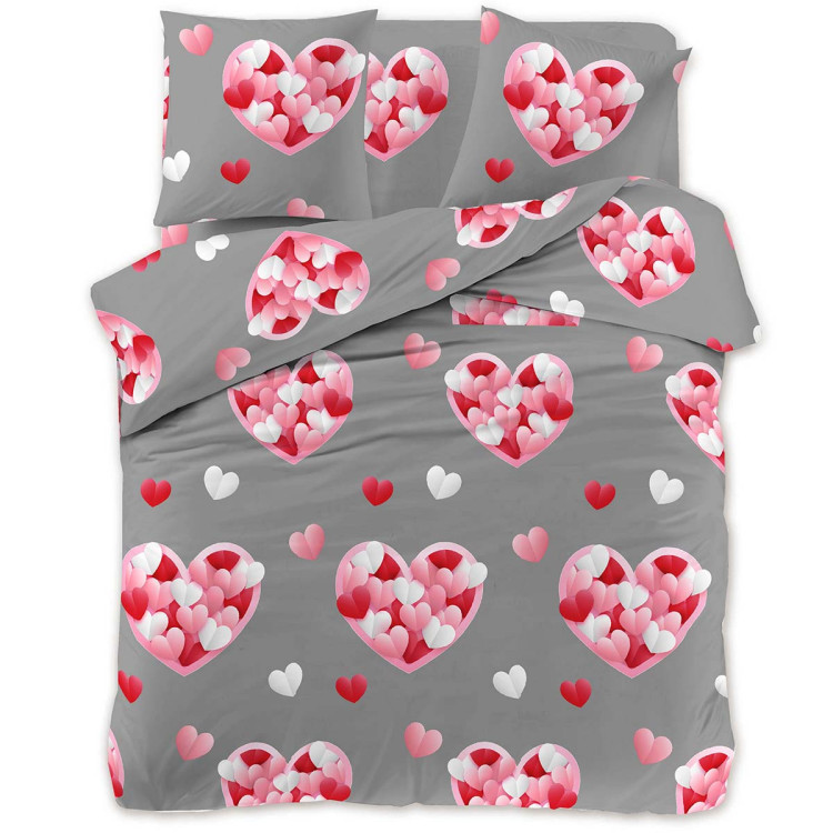 Pościel 200x220 na walentynki bawełna satynowa 3D Cotton World gruba 3 części 2442 serca na szarym tle