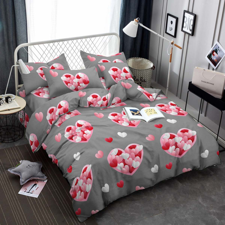 Pościel 200x220 na walentynki bawełna satynowa 3D Cotton World gruba 3 części 2442 serca na szarym tle