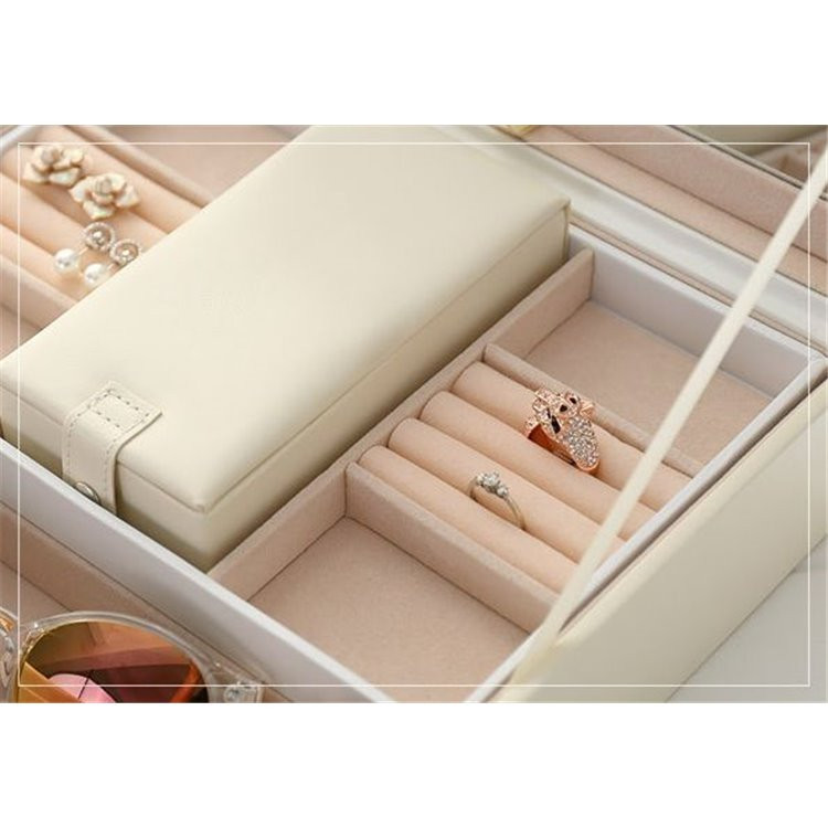 Szkatułka na biżuterię kuferek kremowy organizer z lusterkiem na kolczyki zegarki PD58K