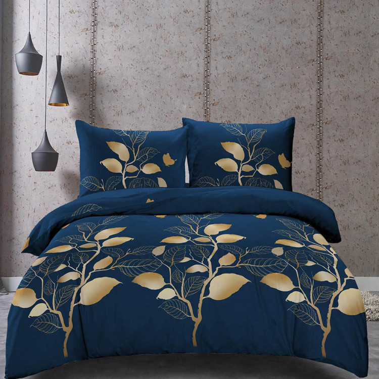Pościel 200x220 bawełna satynowa 3D Cotton World gruba 3 części 2426 złote listki na gałązce