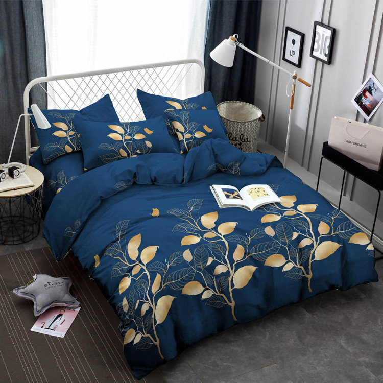 Pościel 200x220 bawełna satynowa 3D Cotton World gruba 3 części 2426 złote listki na gałązce