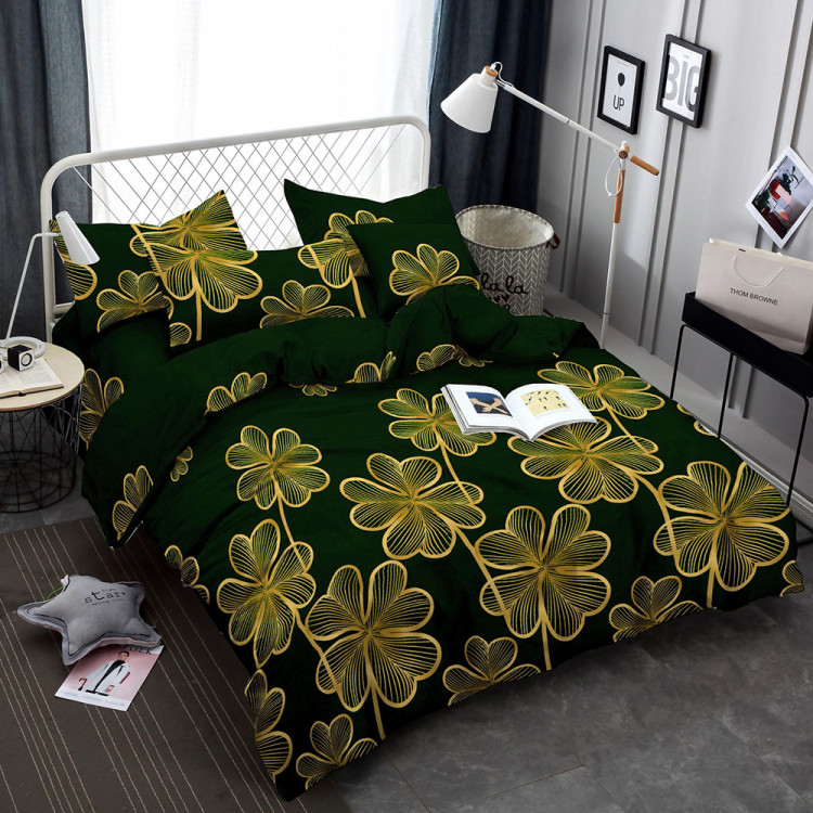 Pościel 200x220 bawełna satynowa 3D Cotton World gruba 3 części 2427 złote koniczyny