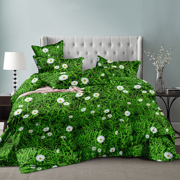 Pościel 160x200 bawełna satynowa 3D Cotton World gruba 3 części 1771 zielona łąka