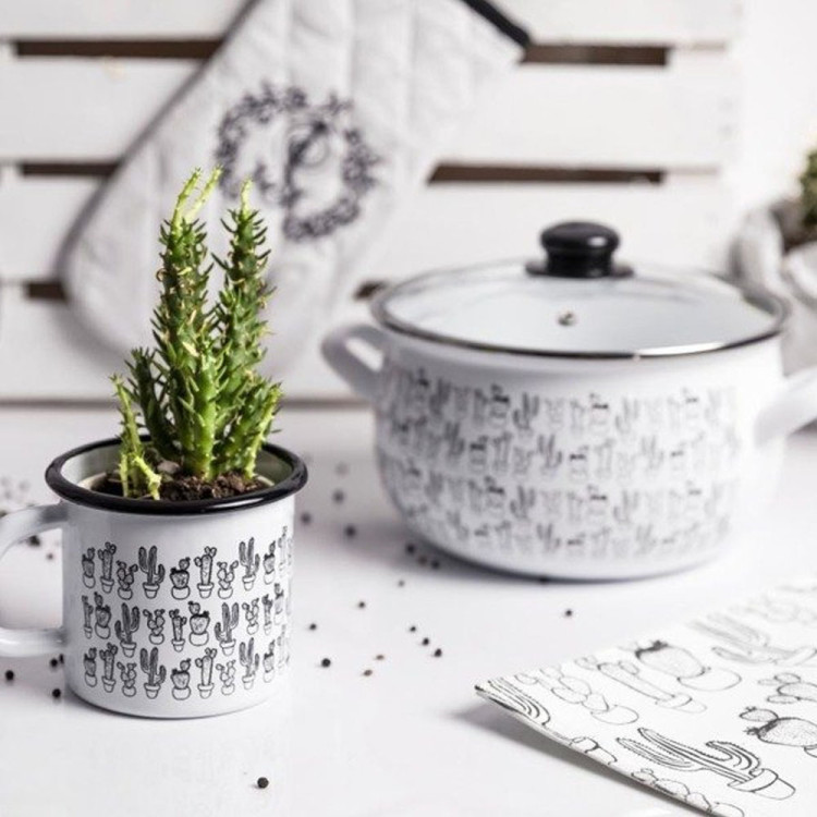 Zestaw garnków emaliowanych 9 elementów 16/18/20/22 cm Pleszew Pyza Cactus z kubkiem emaliowanym