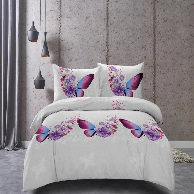 Pościel 140x200 bawełna satynowa 3D Cotton World gruba 2 części 370 motyl i kwiaty
